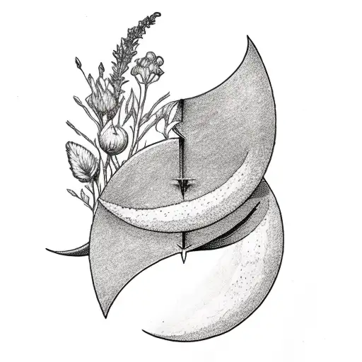 A Crescent Moon Made Of Flowers With An Arrow Through It