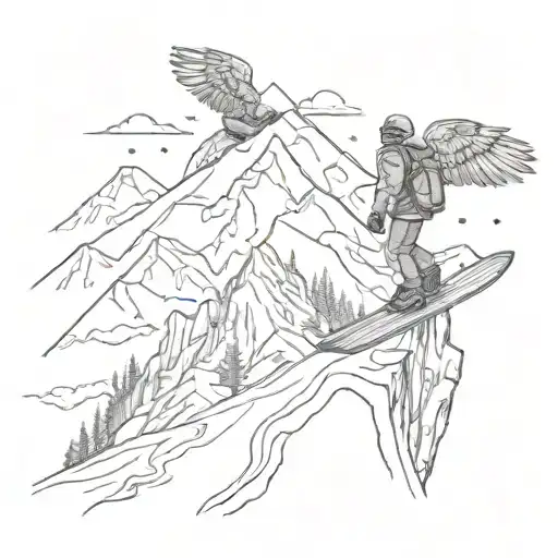 Mountains With A Girl Snowboarder Looking Up At A Male Skier With Wings