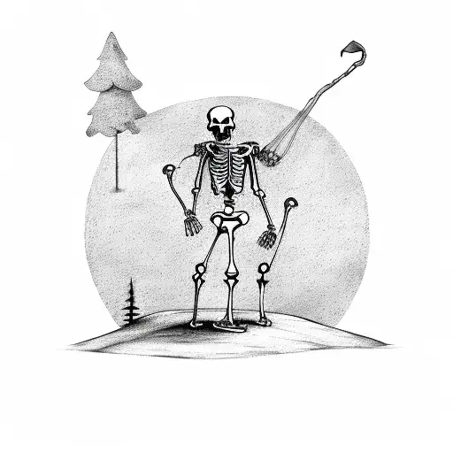 Sketch-style Tattoo Of A Skeleton Golfer With A Spooky Tree As The Backdrop
