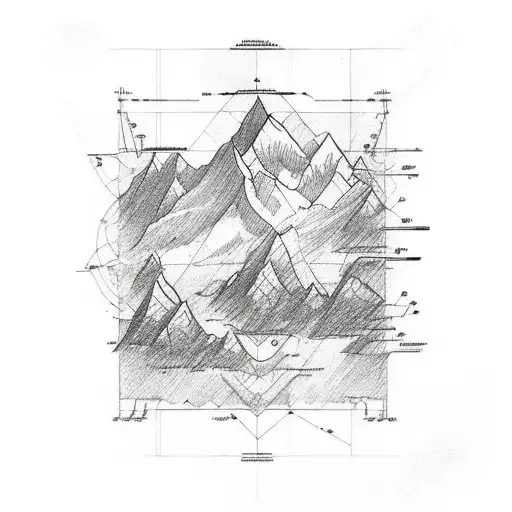 Sketch-style Tattoo Of An Engineer's Blueprint With A Mountain Range As The Backdrop