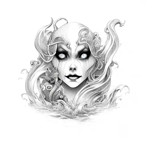 Evil Mermaid Black And White In The Waves