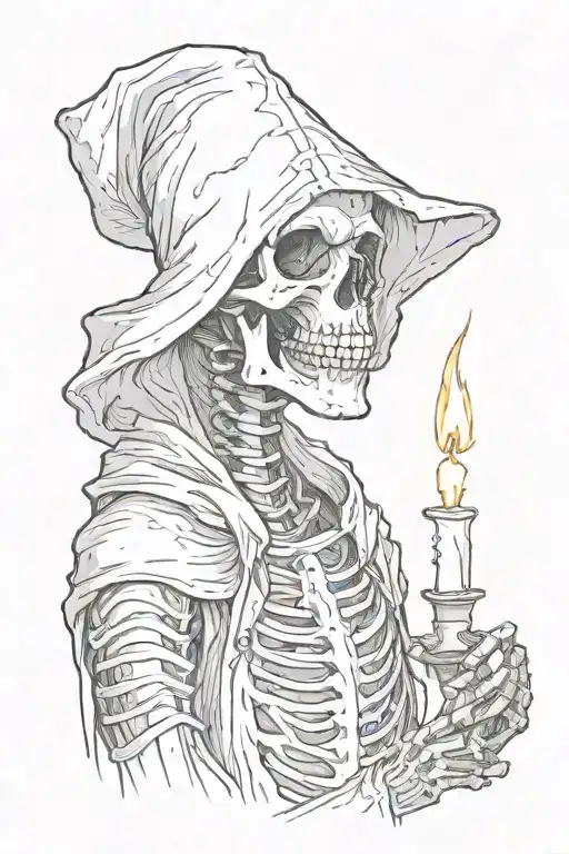 A Skeleton With A Hood Holding A Candle Burning