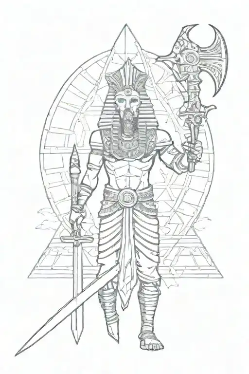 The God Ra On The Background Of The Pyramids With A Sword In His Hands
