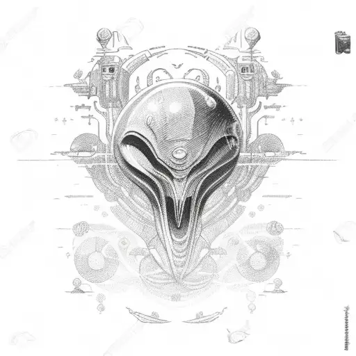 A Sketch-style Tattoo Of An Alien Creature Exploring A Futuristic Landscape