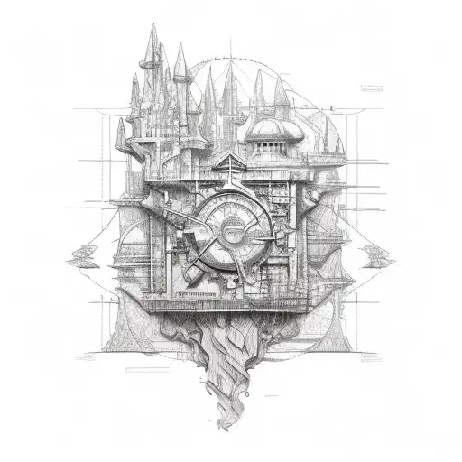 Sketch-style Tattoo Of An Architectural Blueprint Incorporating Elements Of The Ocean