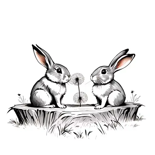 Two Bunny Rabbits Eating Dandelion Sat On Tree Stump