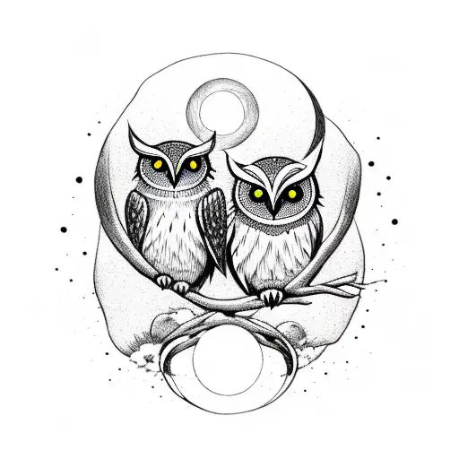 Two Owls Sitting On A Crescent Moon With Daisies On It
