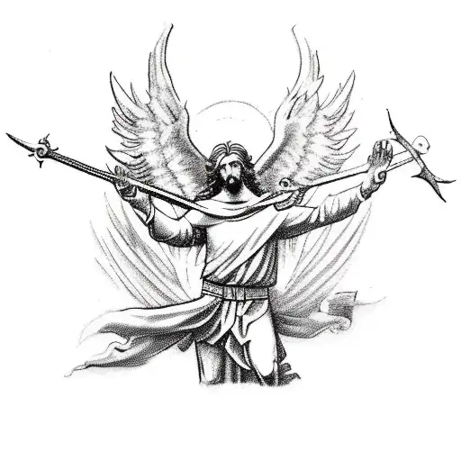 A Sketch-style Tattoo Of St Michael Protecting A Family While Holding An Airborne Symbol