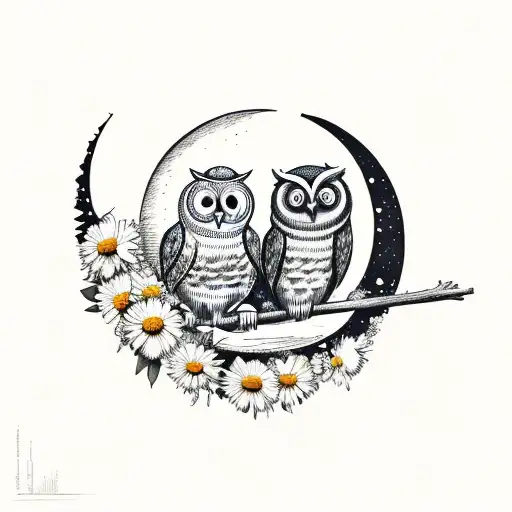 Two Owls Sitting On A Crescent Moon With Daisies On It