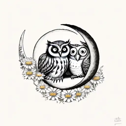 Two Owls Sitting On A Crescent Moon With Daisies
