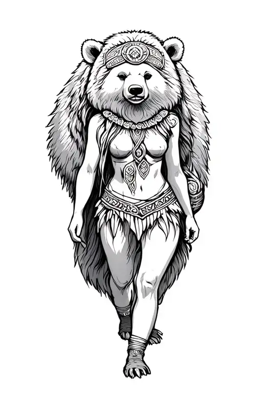Cartoon Female Druid Walking A Bear