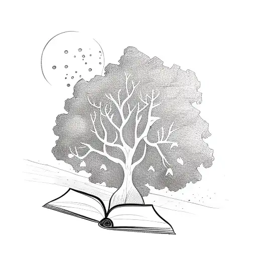 A Sketch-style Tattoo Of A Nurse Reading A Book Under A Cozy Autumn Tree