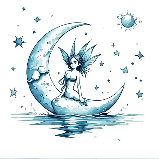 Pixie On Moon In Water Watching Sky