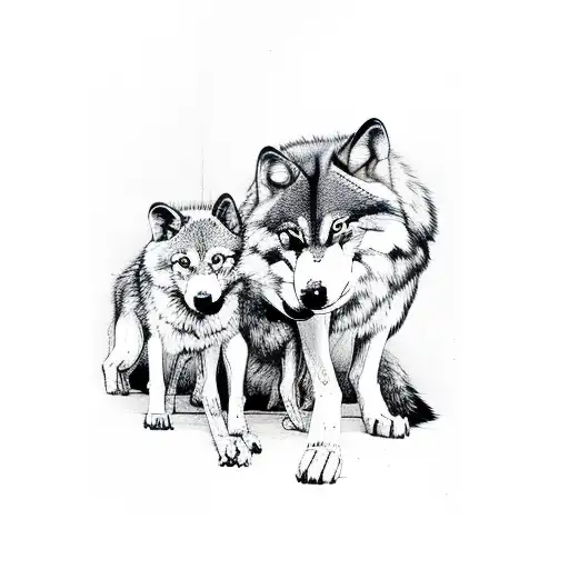 Adult Wolf With Wolf Puppies