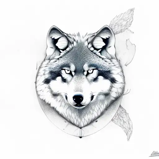 Green Eyed Adult Wolf With Two Wolf Puppies