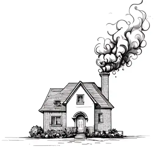 Thick Black Smoke Coming Out Of The Chimney Of A House Made With Horizontal Lines Only