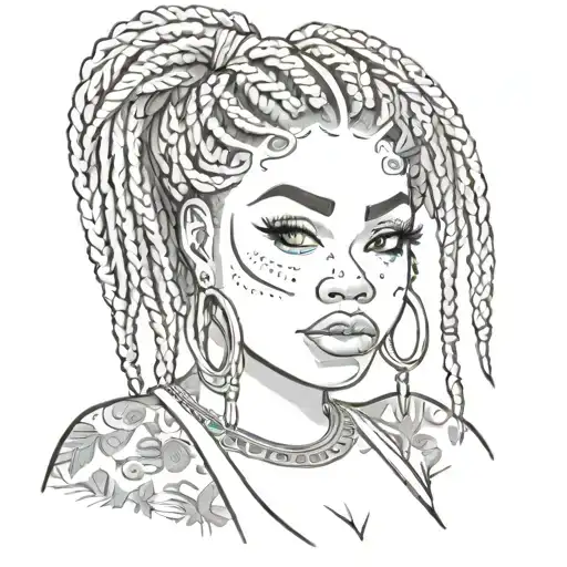 Black Chubby Pin Up Girl With Box Braids And Piercing And Tattoos Full Body Cartoon Style