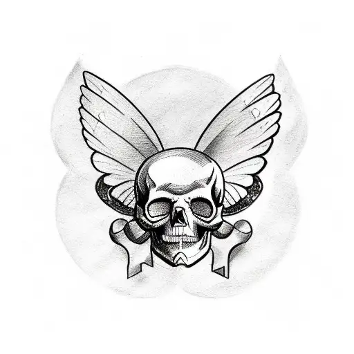A Sketch Style Tattoo Of A Skull With Butterfly Wings And A Pink Ribbon
