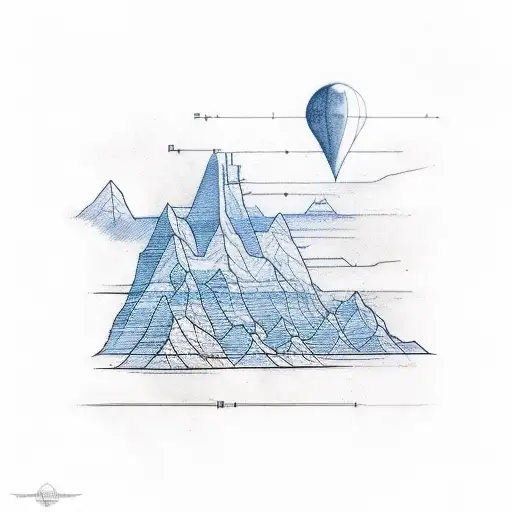 Sketch-style Tattoo Of An Engineer's Blueprint With A Mountain Range As The Backdrop