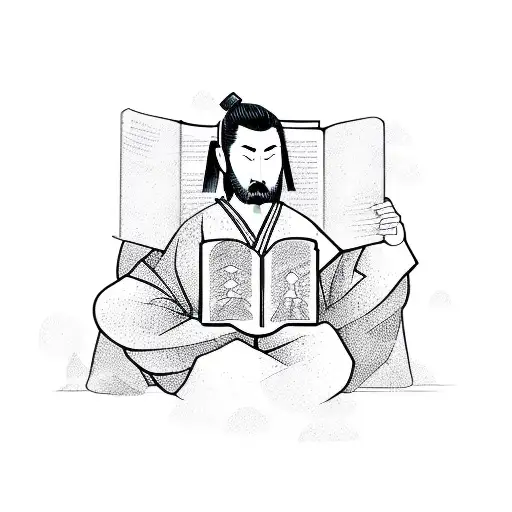 A Sketch Style Design Of A Samurai Reading A Book With Academic Symbols In The Background