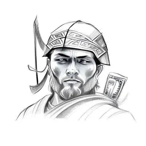 A Sketch Of A Stoic Warrior Holding A Bag Of Money