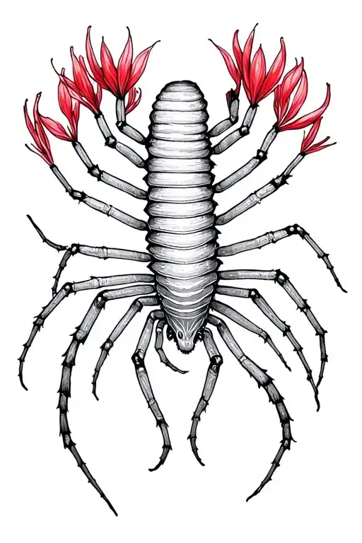 Centipede Wraped Around A Red Spider Lilly