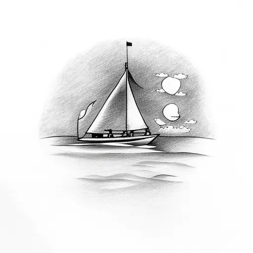 A Sketch-style Tattoo Featuring A Sailboat Sailing Into The Sunset