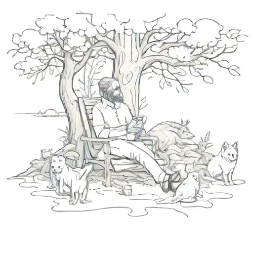 A Sketch Tattoo Of A Therapist Sitting Under A Tree Surrounded By Animals