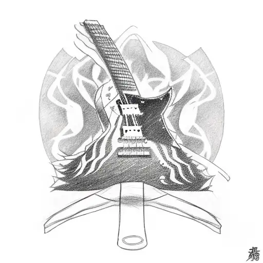 A Sketch-style Tattoo Of A Guitar With Naruto Characters As The Strings