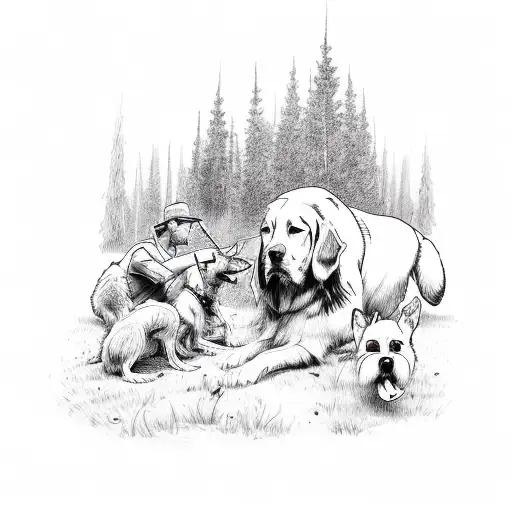 Hunter With Hos Dogs In The Forest