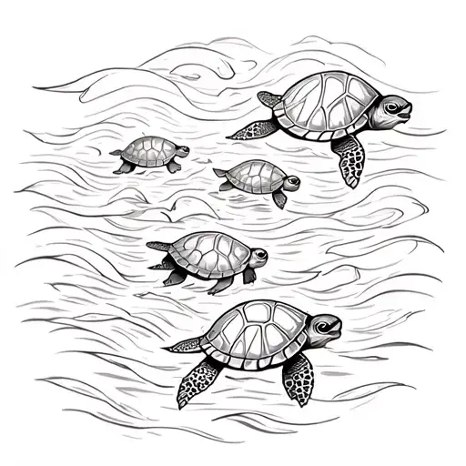 Turtles Swimming In A Line With Waves Flowing