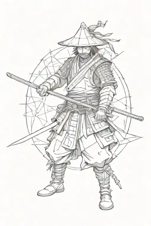 Samurai With 3 Swords Stands In A Fighting Stance With A Triangular Hat