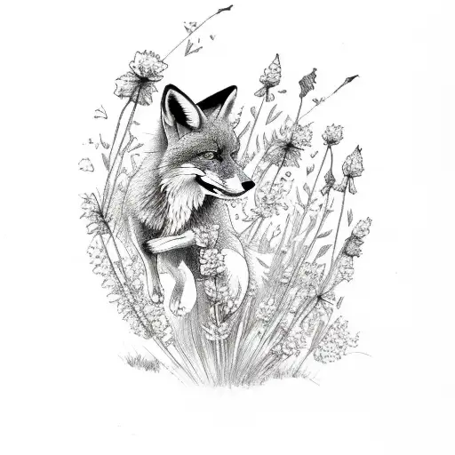 A Captivating Black And White Sketch Of A Fox Gracefully Leaping Through A Field Of Wildflowers