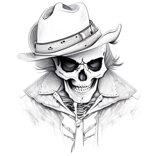 Skeleton Wearing Tattered Clothes And Cowboy Hat Riding A Horse