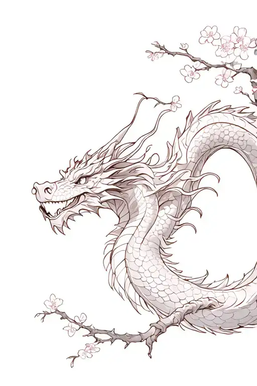 Dragon And Cherry Blossom Tree Branch