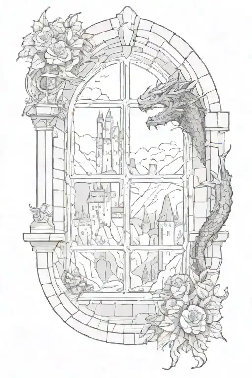 Castle Window With Fantasy Landscape And And Dragon Tattoo