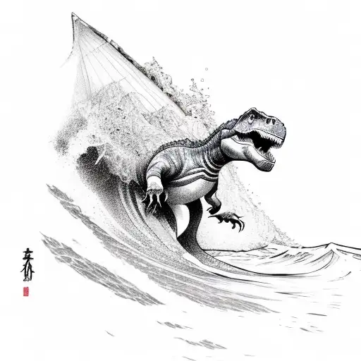 Dinosaur Surfing A Wave Drinking A Beer