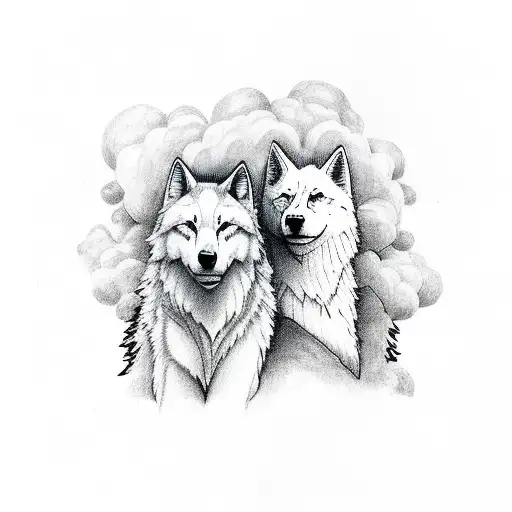 One White Wolf And Onw Black Wolf Happy Cudding Together With Clouds And Trees