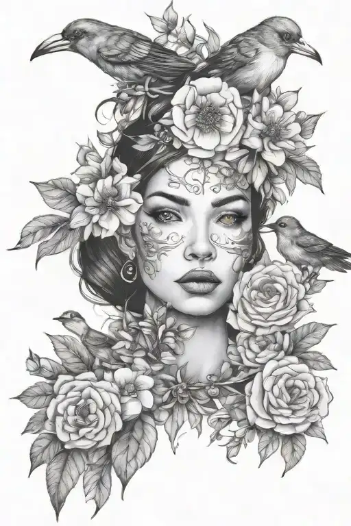 Flowers And Bird And Woman Face