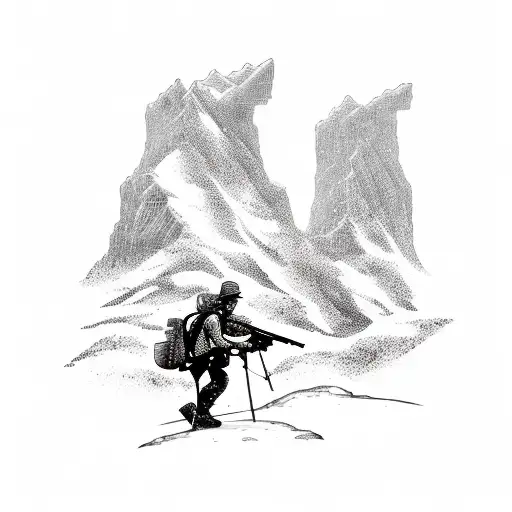 A Hiker Silhouette Aiming A Gun At A Target On A Mountain Peak