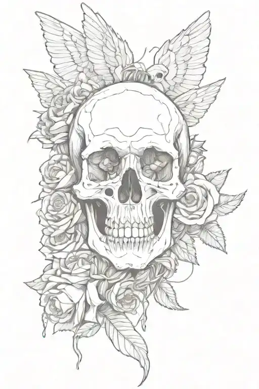 Skull With Roses For Eyes And Wings Coming Off It With Chaing Wrapped Around Them
