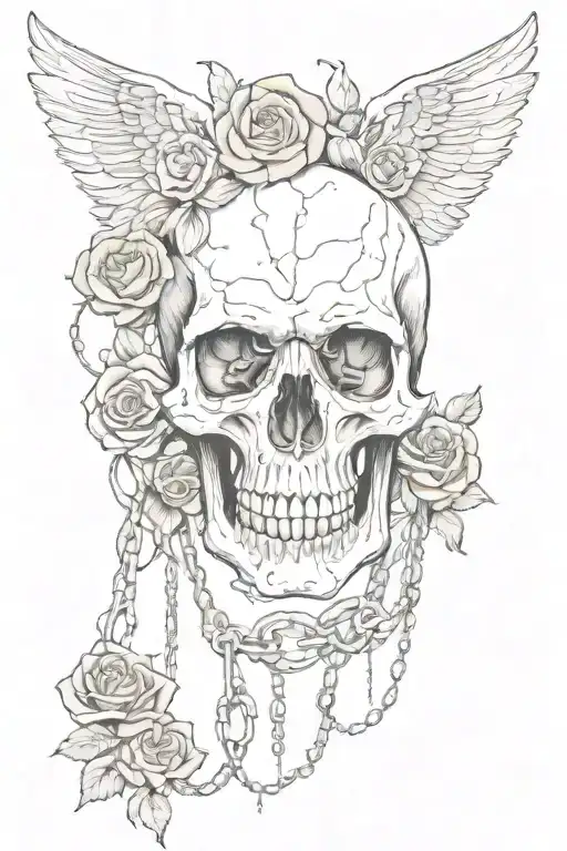 Skull With Roses For Eyes And Wings Coming Off It With Chains Wrapped Around Them