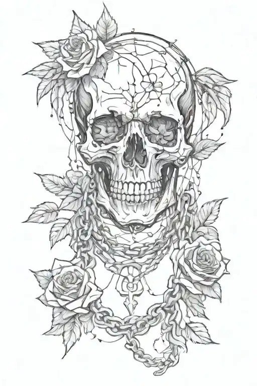 Skull With Roses For Eyes And Wings Coming Off It With Chains Wrapped Around Them
