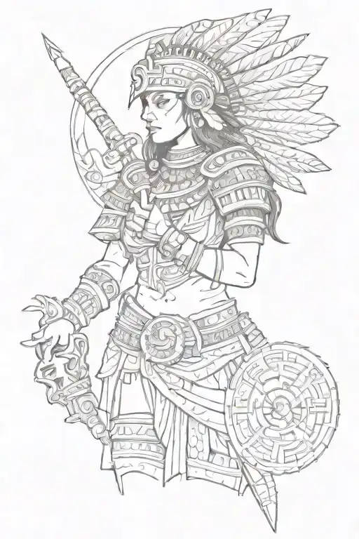 Aztec Warrior Holding Girl Outline