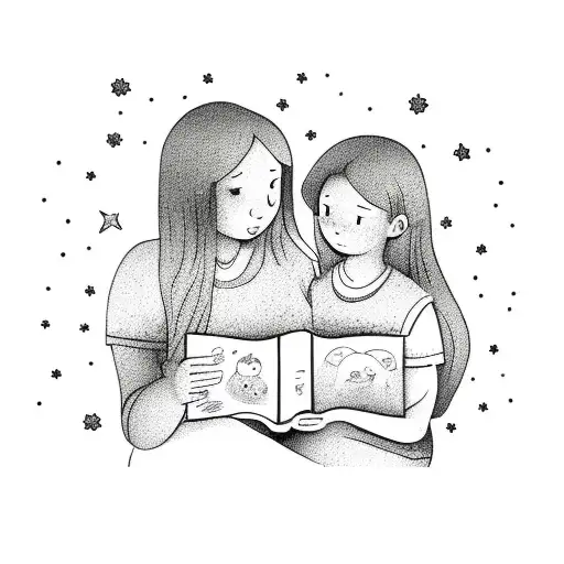 A Whimsical Illustration Of A Mother And Daughter Reading Together Under A Starry Sky