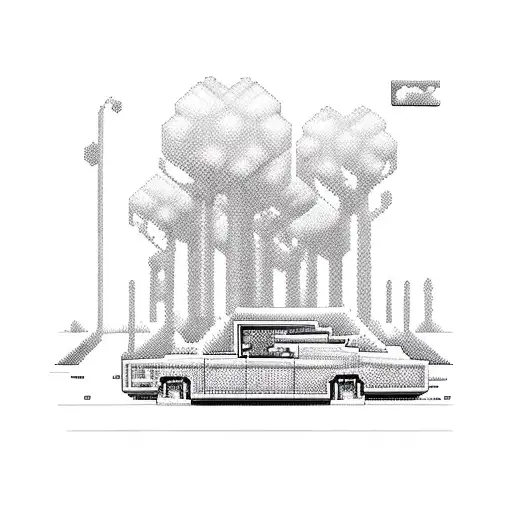 A Pixel Art Representation Of A Classic Car Driving Through A Digital Landscape