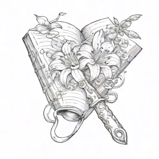 Open Book With A Knife With Lilies And Chrysanthemums On The Handle Piercing The Middle