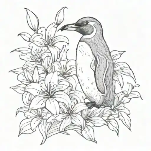 Penguin Silhouette And Lilly Flowers