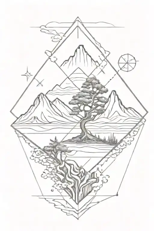 Men's Small Tattoo With Bonsai Mountains And Sun In A Rhombus With Geometric Elements