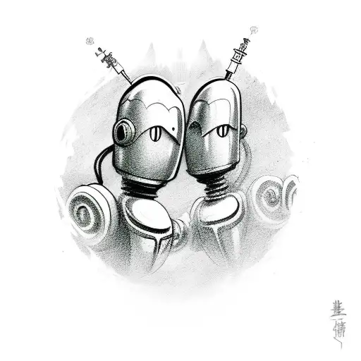 Cartoon Character And Robots Couple Tatto